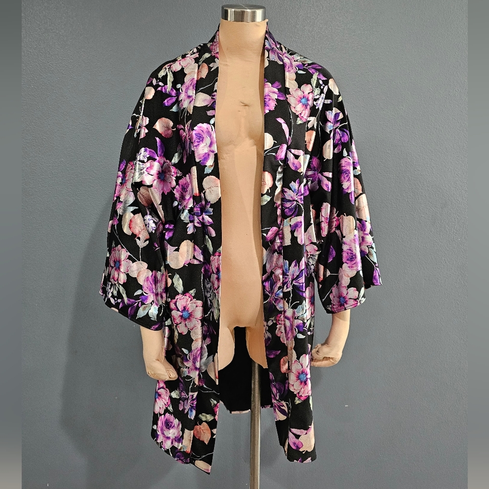Nwt TAMO Desgin Black Floral Open Kimono Duster OSFM